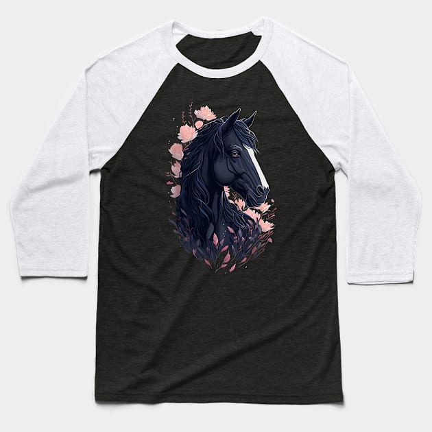 Black Horse with Flowers Baseball T-Shirt by monkycl